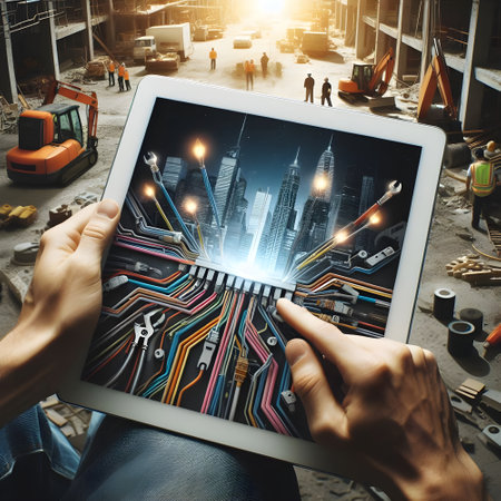 Engineering and architecture concept on digital tablet with construction site background.の素材