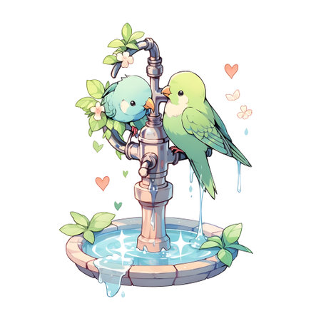 Cute green parrots drinking water from a fountain. Vector illustration.の素材