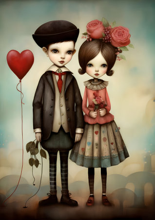 Cute little boy and girl in retro style with heart shaped balloonの素材