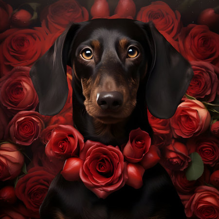 Portrait of a dachshund dog with red roses on a black backgroundの素材
