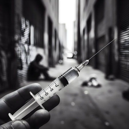 Syringe in the hand of a man. Black and white photo.の素材