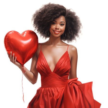 Young african american woman in red dress with heart shaped balloonの素材