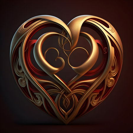 3D illustration of golden heart with ornament on a dark background.の素材