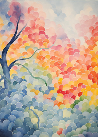 Watercolor autumn background with trees and clouds. Hand drawn illustration.の素材