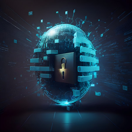 Data security concept with globe and padlock on dark background. 3D renderingの素材