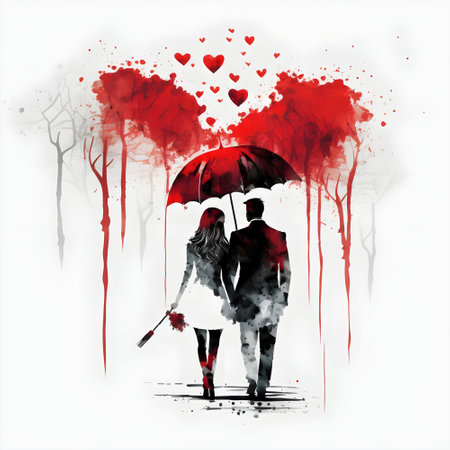 Couple in love with an umbrella in the rain. Vector illustration.の素材
