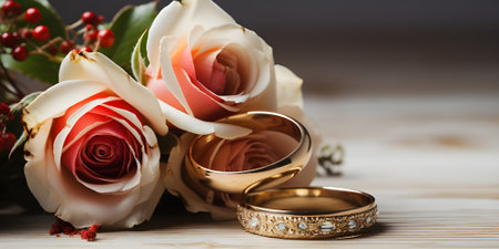 Wedding rings and bouquet of roses on a wooden backgroundの素材