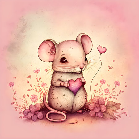 Cute cartoon mouse with heart and flowers, watercolor illustration.の素材
