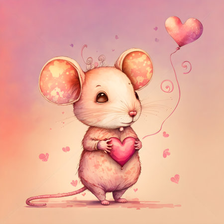 Cute cartoon mouse holding a heart shaped balloon. Vector illustration.の素材
