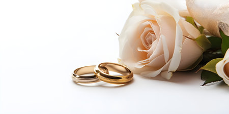 Wedding rings and rose on white background, close up viewの素材