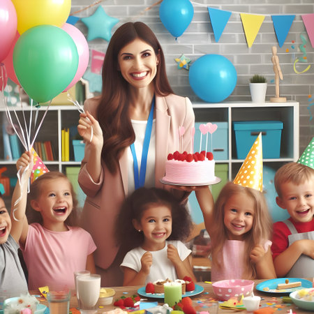 Happy family celebrating birthday with cake and balloons at home. Motherhood conceptの素材