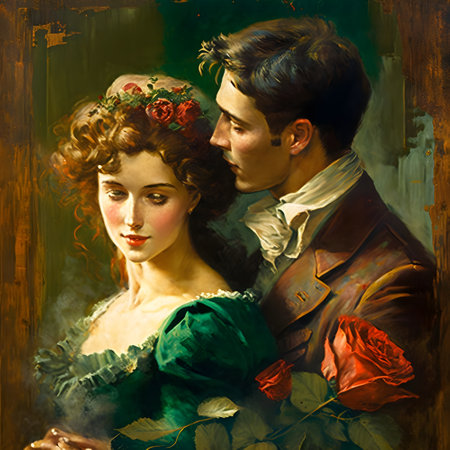Portrait of a beautiful young couple in love. Retro style.の素材