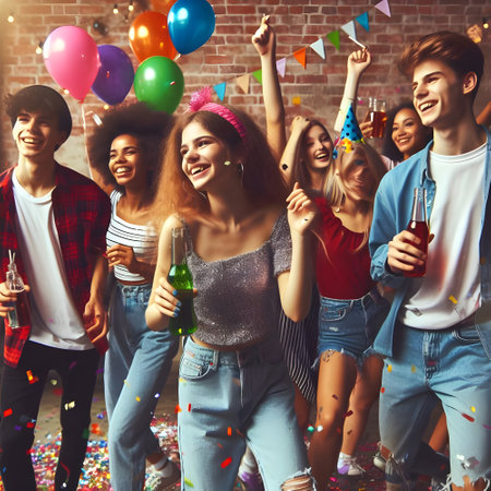 Group of young people having fun at a birthday party with confetti.の素材