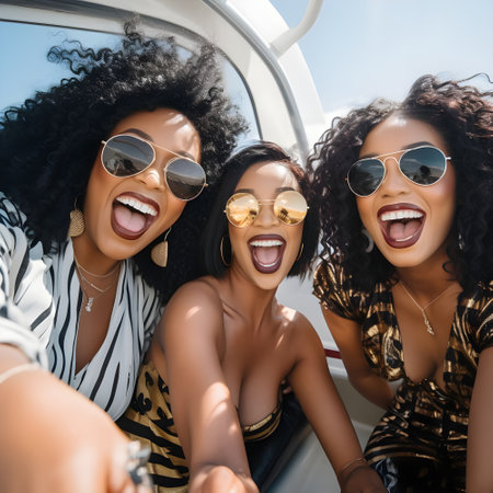 cheerful african american women in sunglasses taking selfie on boatの素材