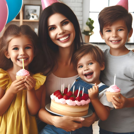Beautiful young mother with her children celebrating birthday at home. Mother's day.の素材