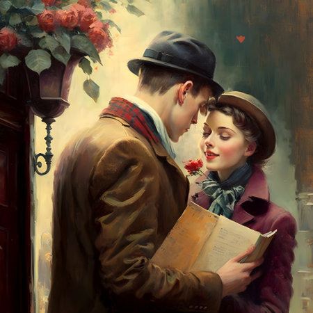 Retro couple in love. Portrait of a man and a woman in love.の素材