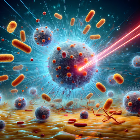 Digital illustration of  HIV virus in colour  background with glowing particlesの素材