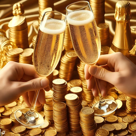 Glasses of champagne and gold coins on golden background, closeupの素材