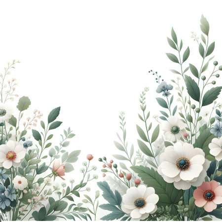 Beautiful vector watercolor floral background with white flowers and green leavesの素材