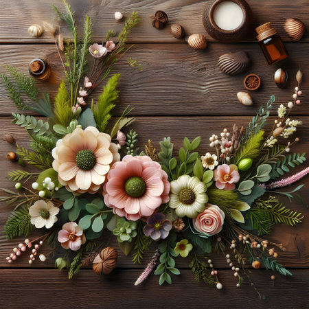 Beautiful floral composition on wooden background. Flat lay, top viewの素材