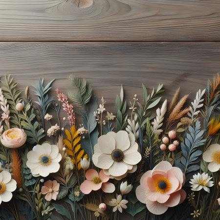 Flowers, leaves and branches on a wooden background, top viewの素材