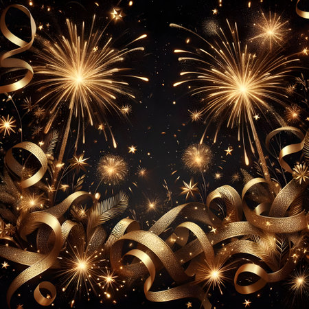 Holiday background with fireworks and golden ribbons. Vector illustration.の素材