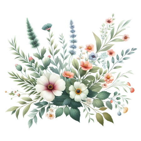 Bouquet of flowers and leaves. Watercolor vector illustration.の素材