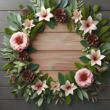 Floral wreath on wooden background, top view with copy spaceの素材