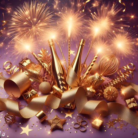 New Year and Christmas background with champagne bottle, golden ribbons, stars and fireworksの素材