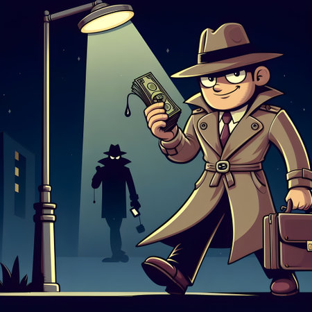 Cartoon detective with money in hand. Vector illustration of shady deal or money launderingの素材
