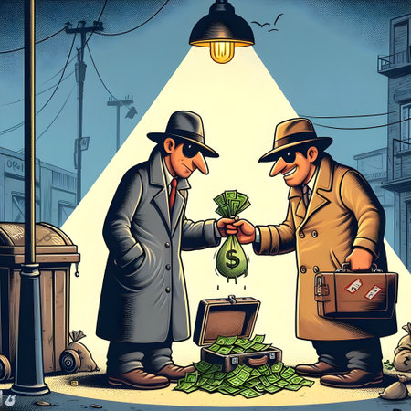 Vector illustration of a rich man with money in his hand and a poor man in a hat. Shady deal conceptの素材