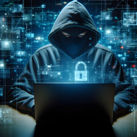 Hacker in front of a laptop with a padlock on the screen, cyber security hacker or malware conceptの素材