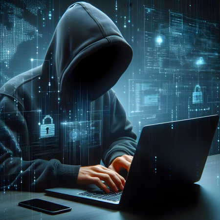 Hooded hacker stealing data from a laptop with binary code on the backgroundの素材