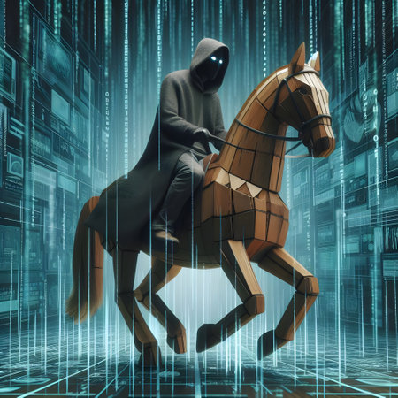 Hooded scammer man riding a horse with binary code digital matrix rain in the background, cyber security malware conceptの素材
