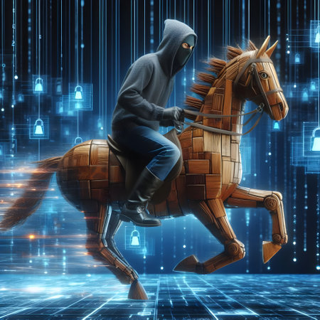 Hacker scammer riding on a horse with cyber security malware danger concept, background of digital matrix rainの素材