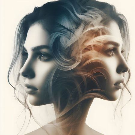 Double exposure photography of split personality lady portrait on white backgroundの素材