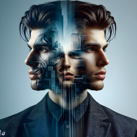 Portrait of a handsome young man in a business suit. Double exposure concept of split personalityの素材
