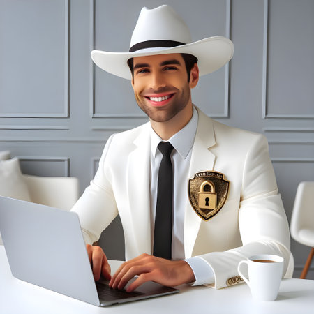 Handsome young man in white suit and cowboy hat working on laptop while sitting in cafe, concept of cyber network security policeの素材