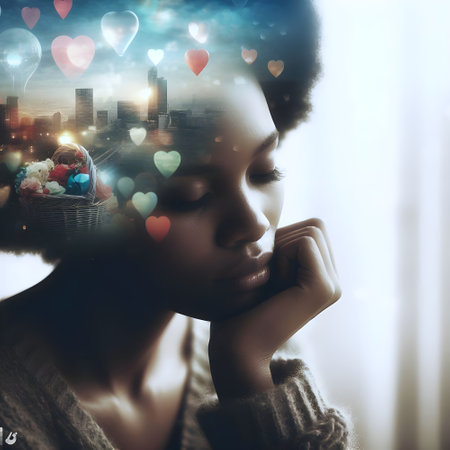 Young african american woman with basket of valentine hearts, double exposureの素材