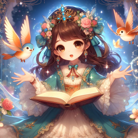 Beautiful fairy with a book in her hands on a fantasy backgroundの素材