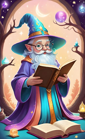 Illustration of a wizard reading a magic book in the night forestの素材