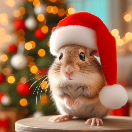 Cute hamster in Santa hat on table in room decorated for Christmasの素材