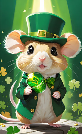 Happy St. Patrick's Day. Cute cartoon hamster in a green leprechaun costume with a pot of gold.の素材