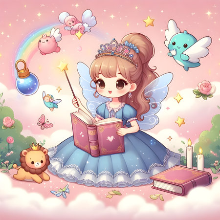 Cute fairy tale girl with magic wand and book on rainbow backgroundの素材