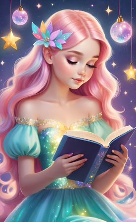 Beautiful fairy girl with magic book. Fairy tale. 3D rendering.の素材