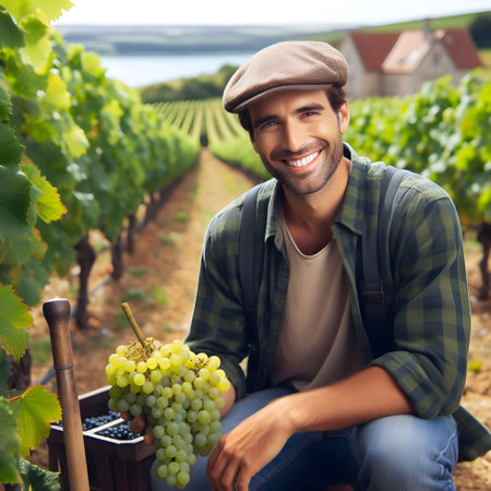 Handsome young man in vineyard, smiling and looking at cameraの素材