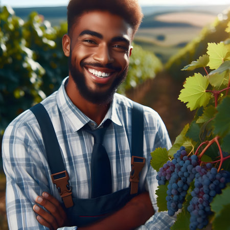 Portrait of a young african-american man in a vineyard.の素材