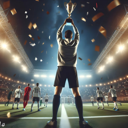 Rear view of a soccer player holding a trophy while standing on the field at nightの素材
