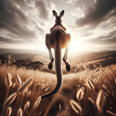 Kangaroo in the grassland at sunset. 3D renderingの素材
