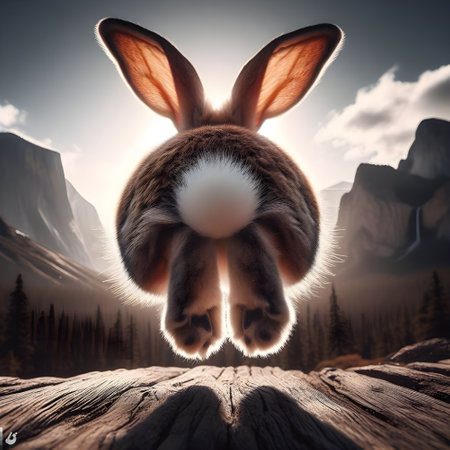 Easter bunny on the background of mountains. 3D rendering.の素材